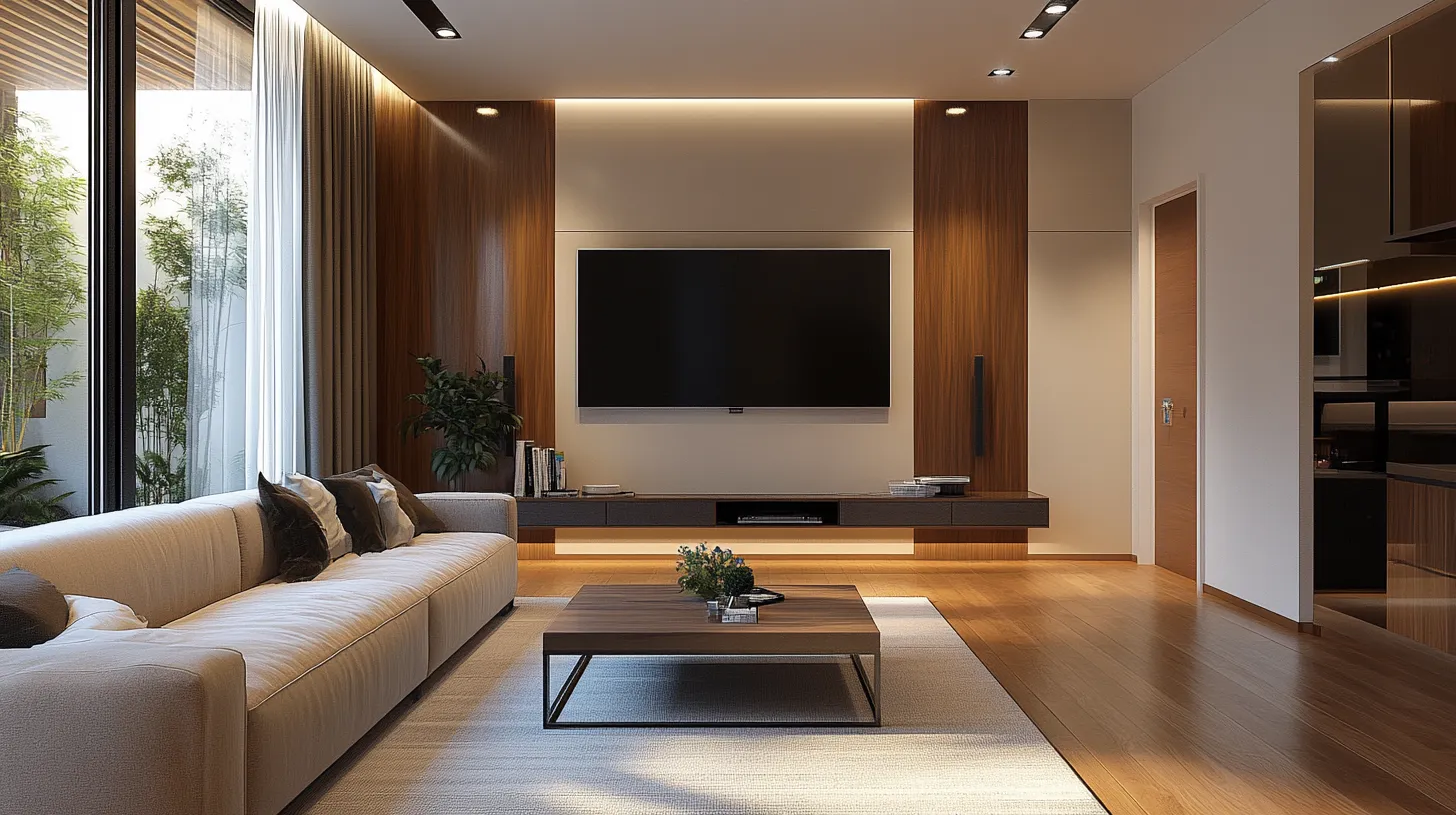 Modern living room with wood wall panel flat screen television cream sofa and dark coffee table