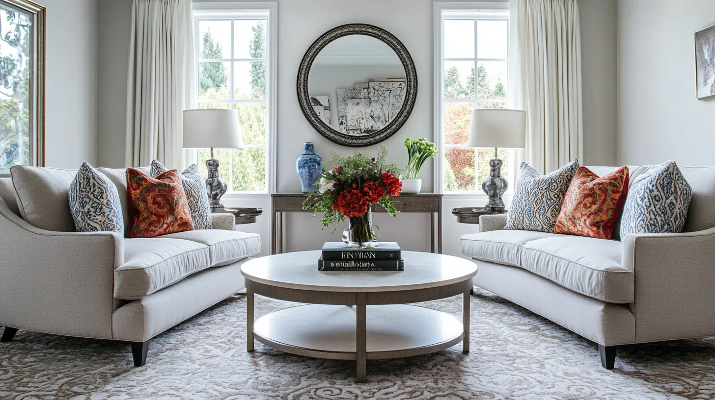 Elegant living room with two beige sofas a round coffee table and a large wall mirror