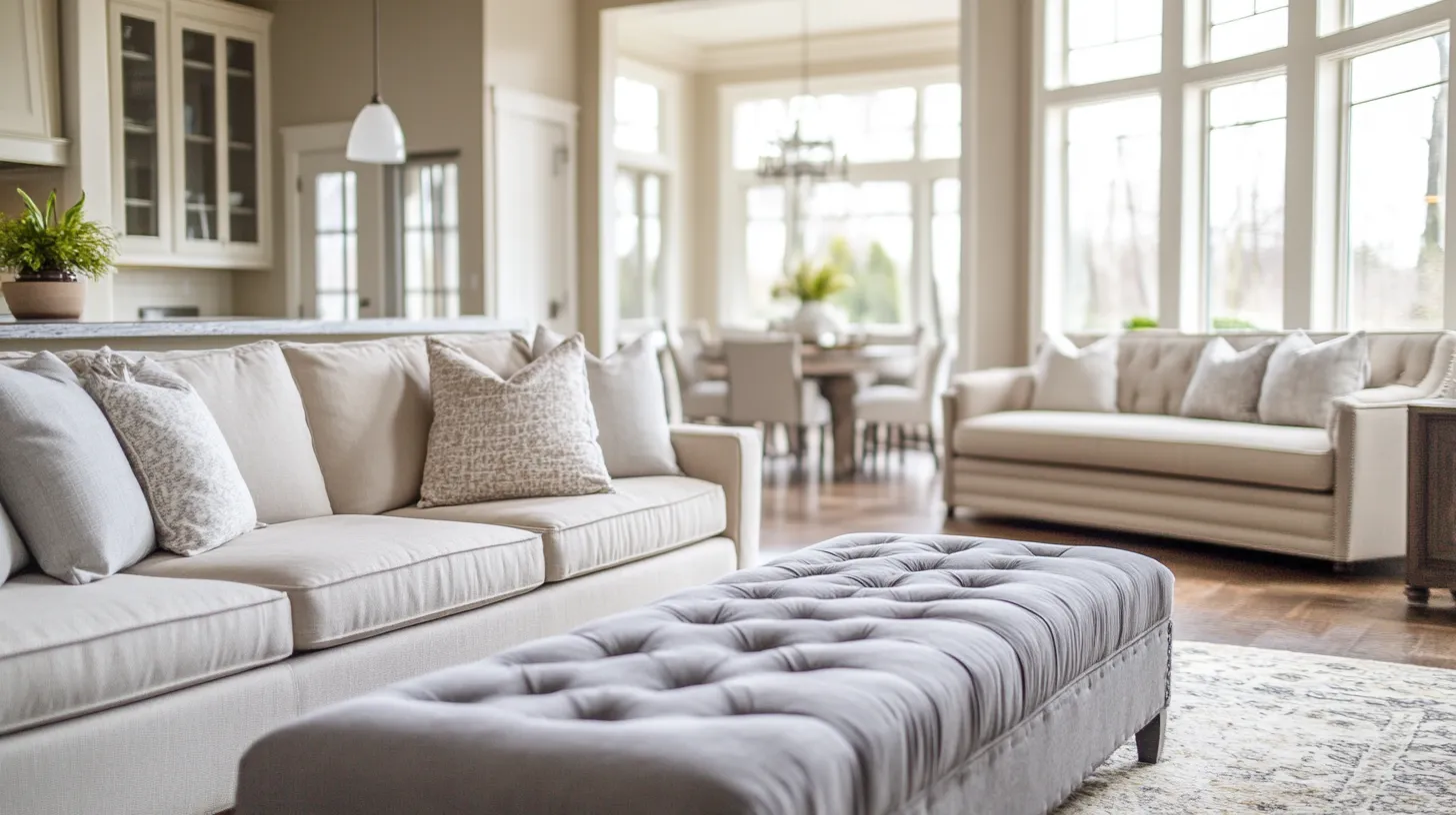 Grey footrest in foreground of open plan living room with cream sofas and dining area
