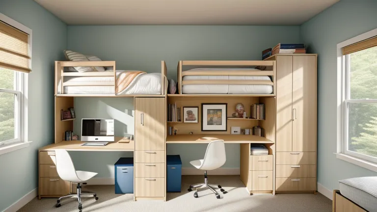 Modern college dormitory with bunk beds, single bed, wooden desk, lamps, rug, and natural light