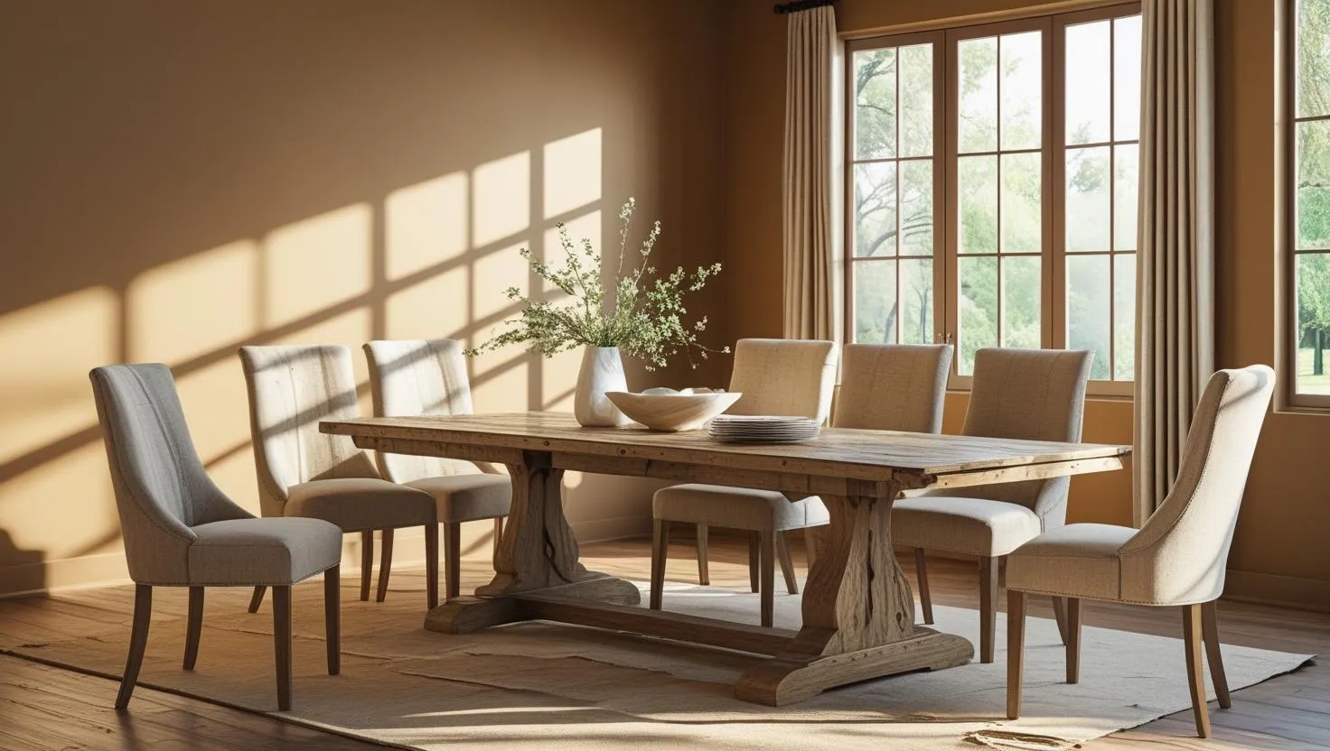 Modern dining room featuring wood table, leather chairs, white ceiling lights, stone fireplace, and rug
