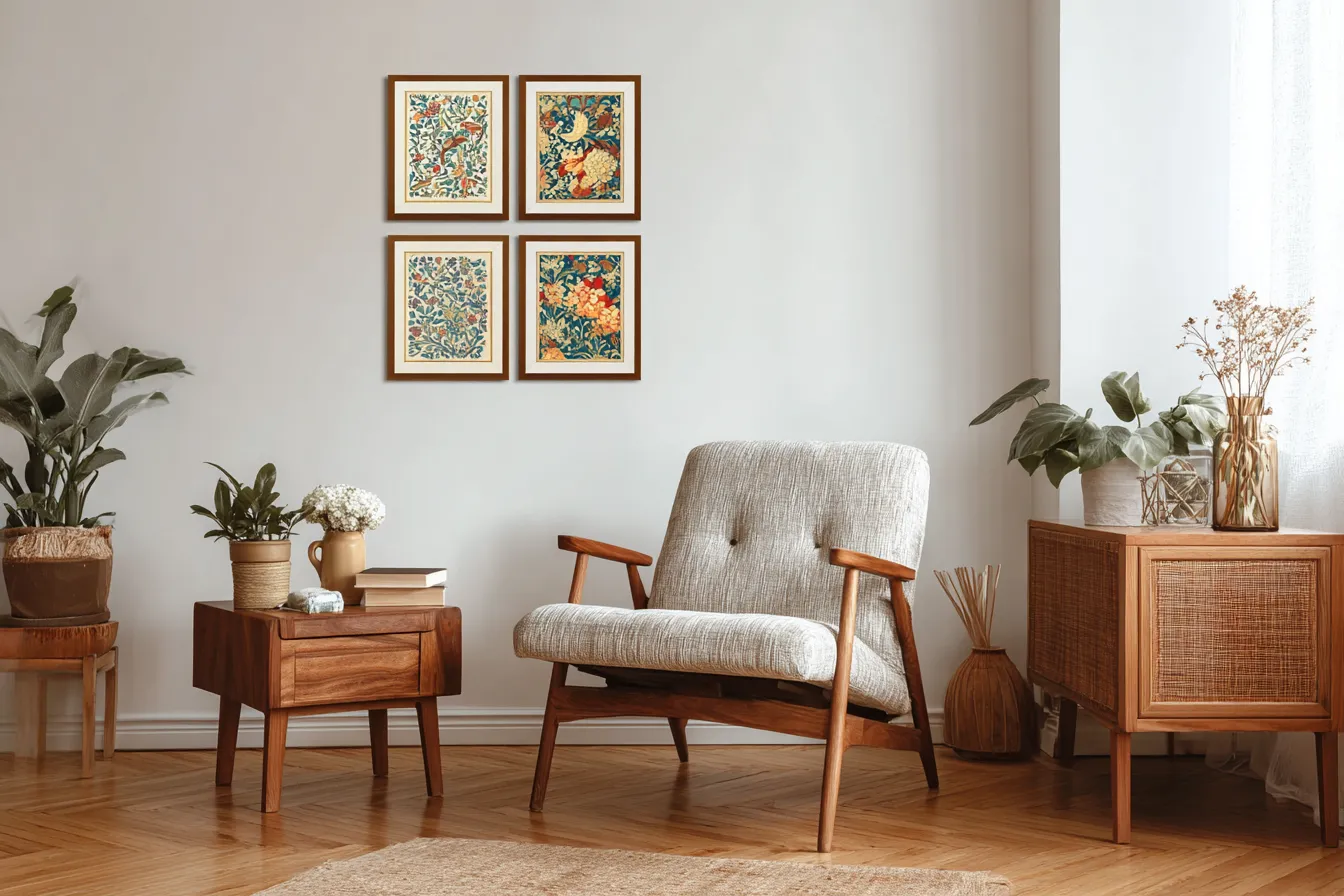 Comfortable chair in white room with wooden table plants cabinet and four framed wall pictures