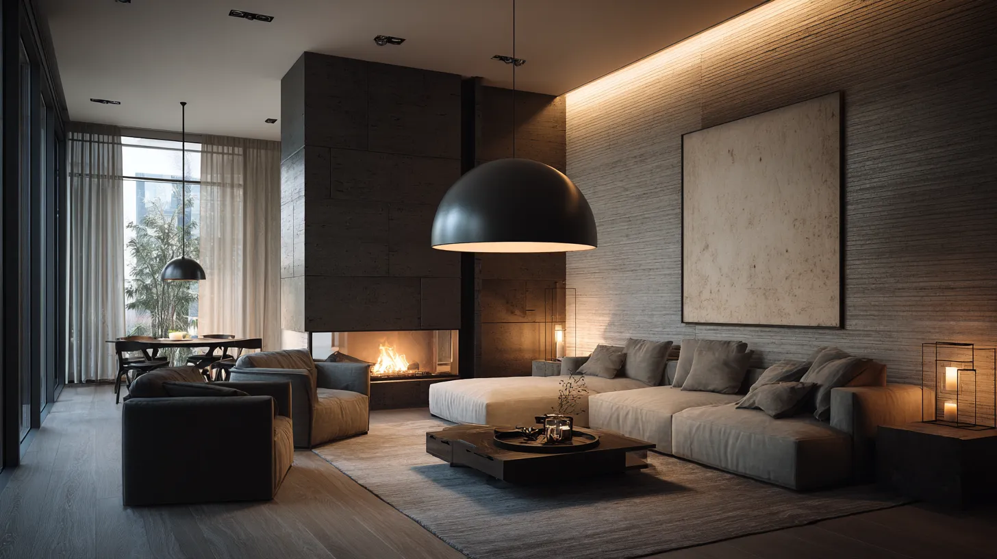 Modern dark living room featuring grey sofa fireplace black ceiling light wall panel and wooden floor