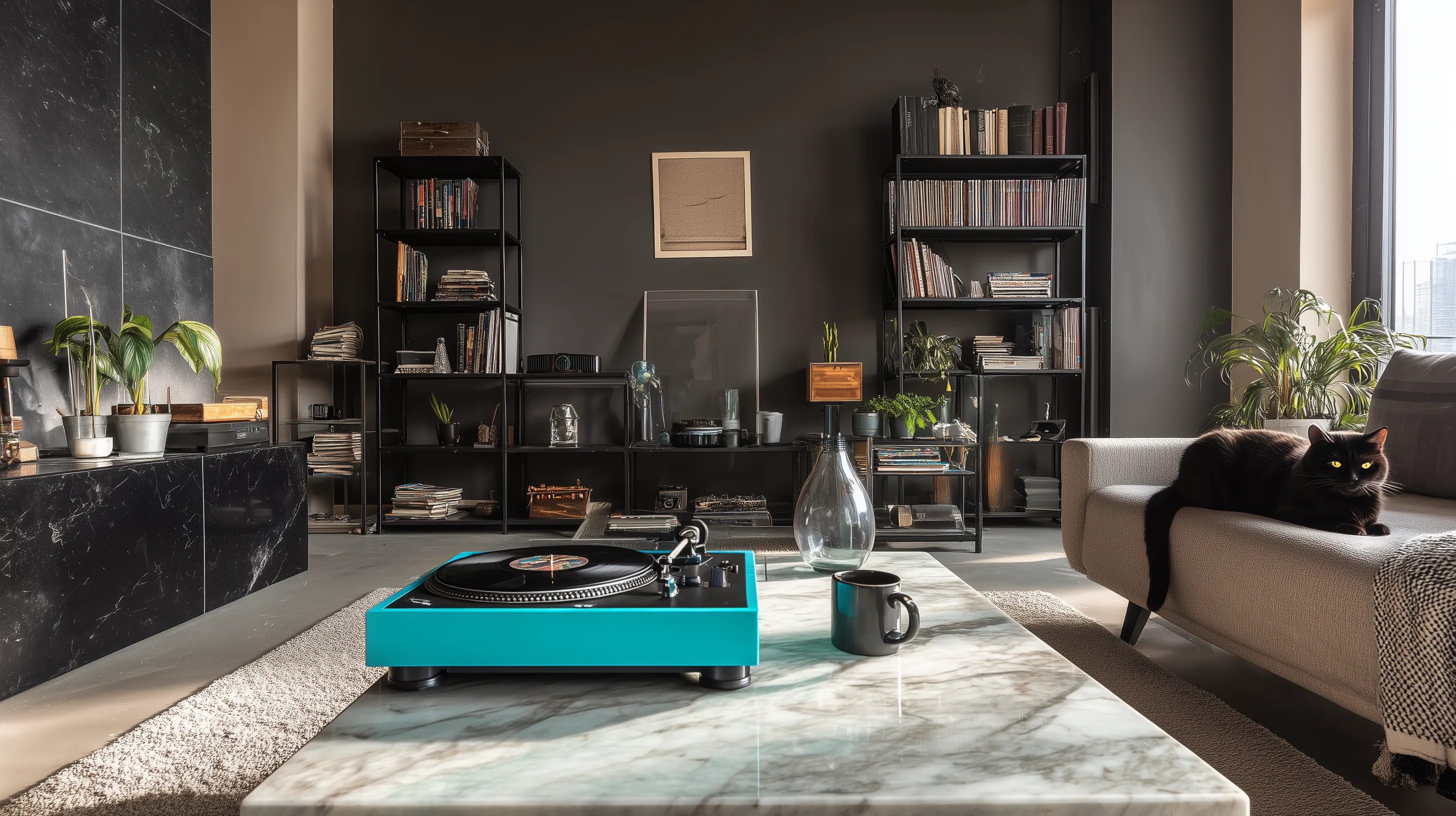 Blue record player on marble table in dark living room with bookshelves and black cat