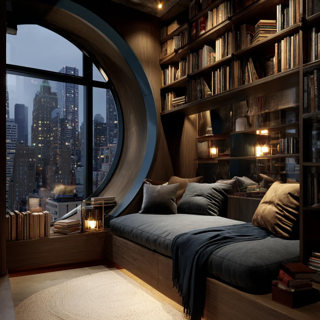 Cozy reading corner with round window city view wooden bookshelf comfortable daybed and soft warm lighting