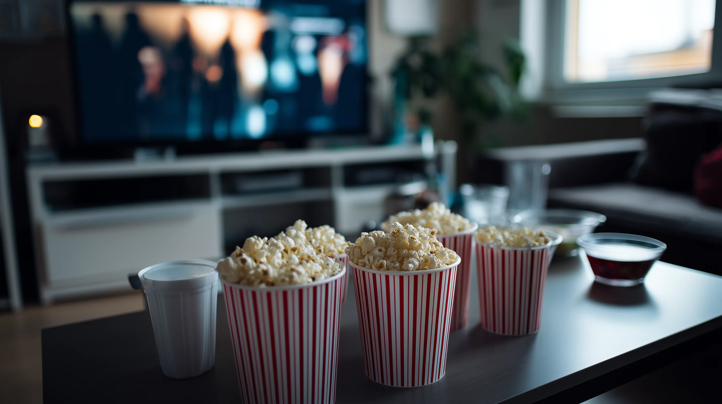 Popcorn buckets on dark table in front of television screen in a blurred living room