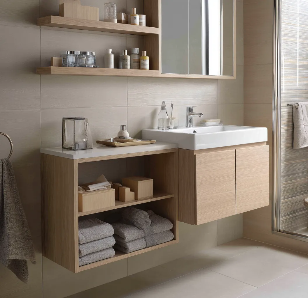 Modern bathroom with wooden cabinet, white sink, open shelves, gray towels, and wall mounted mirror