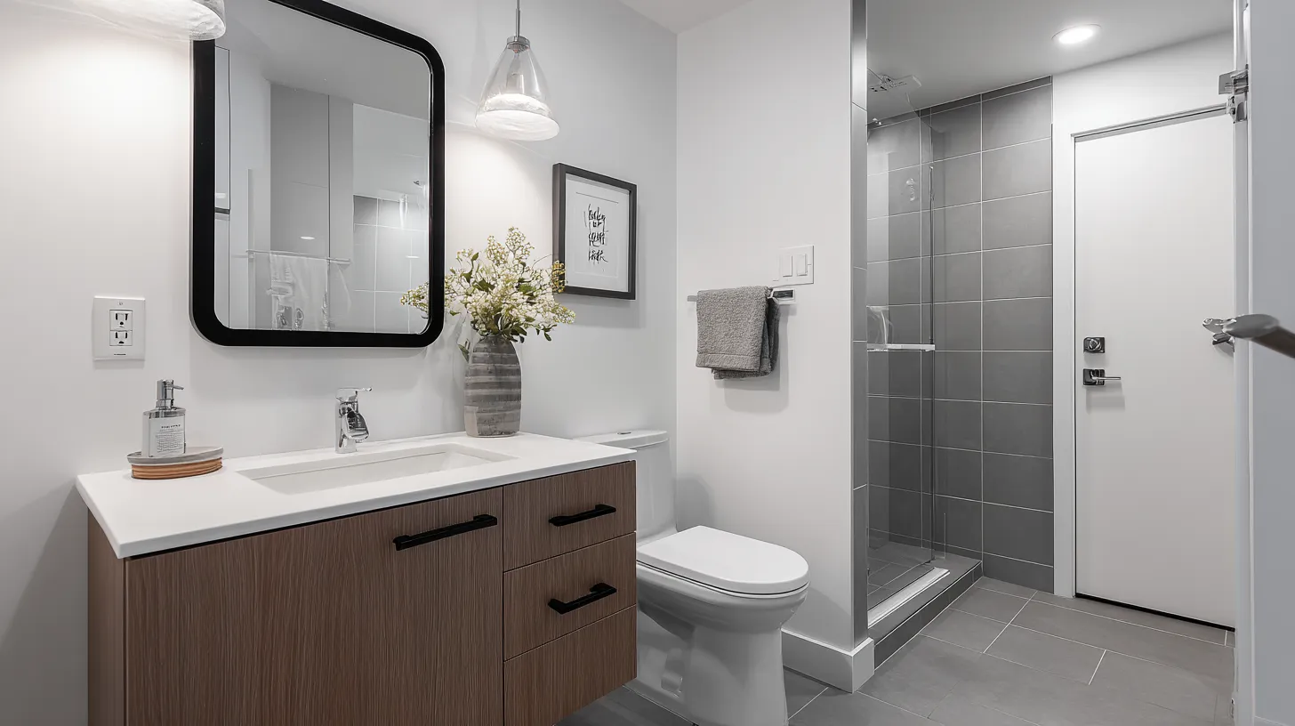 Modern bathroom with wood cabinet white sink black mirror toilet and glass shower door design