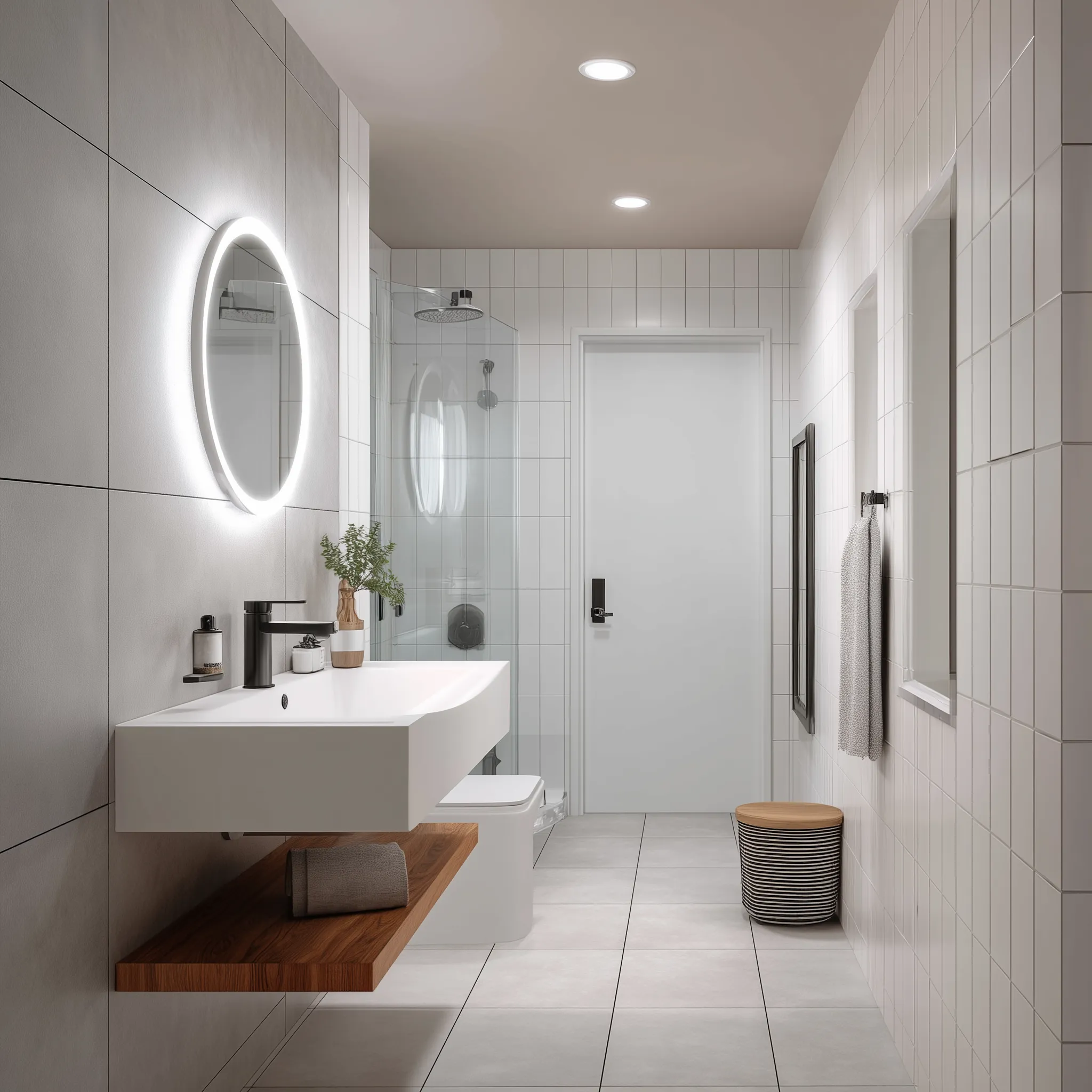 Contemporary white bathroom with round lighted mirror, floating wooden shelf, glass shower, and tiled walls