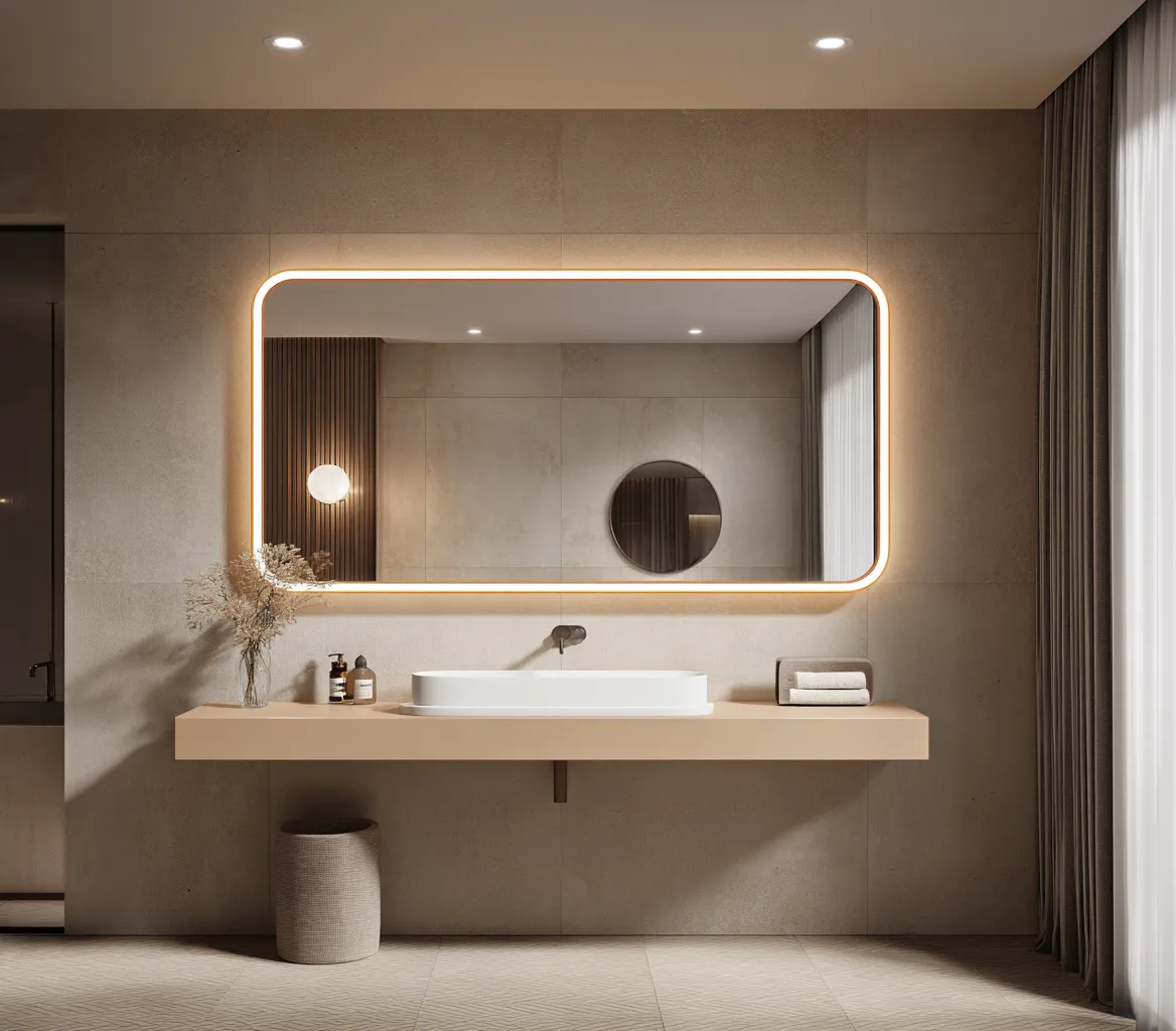 Minimalist bathroom interior featuring lighted mirror, floating shelf, white washbasin, and beige wall tile design