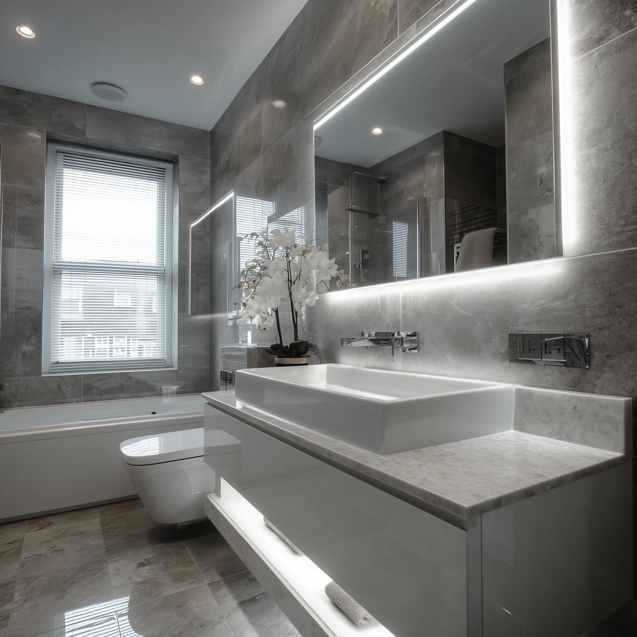 Modern grey tiled bathroom with lighted mirror white sink toilet bathtub and window with blinds