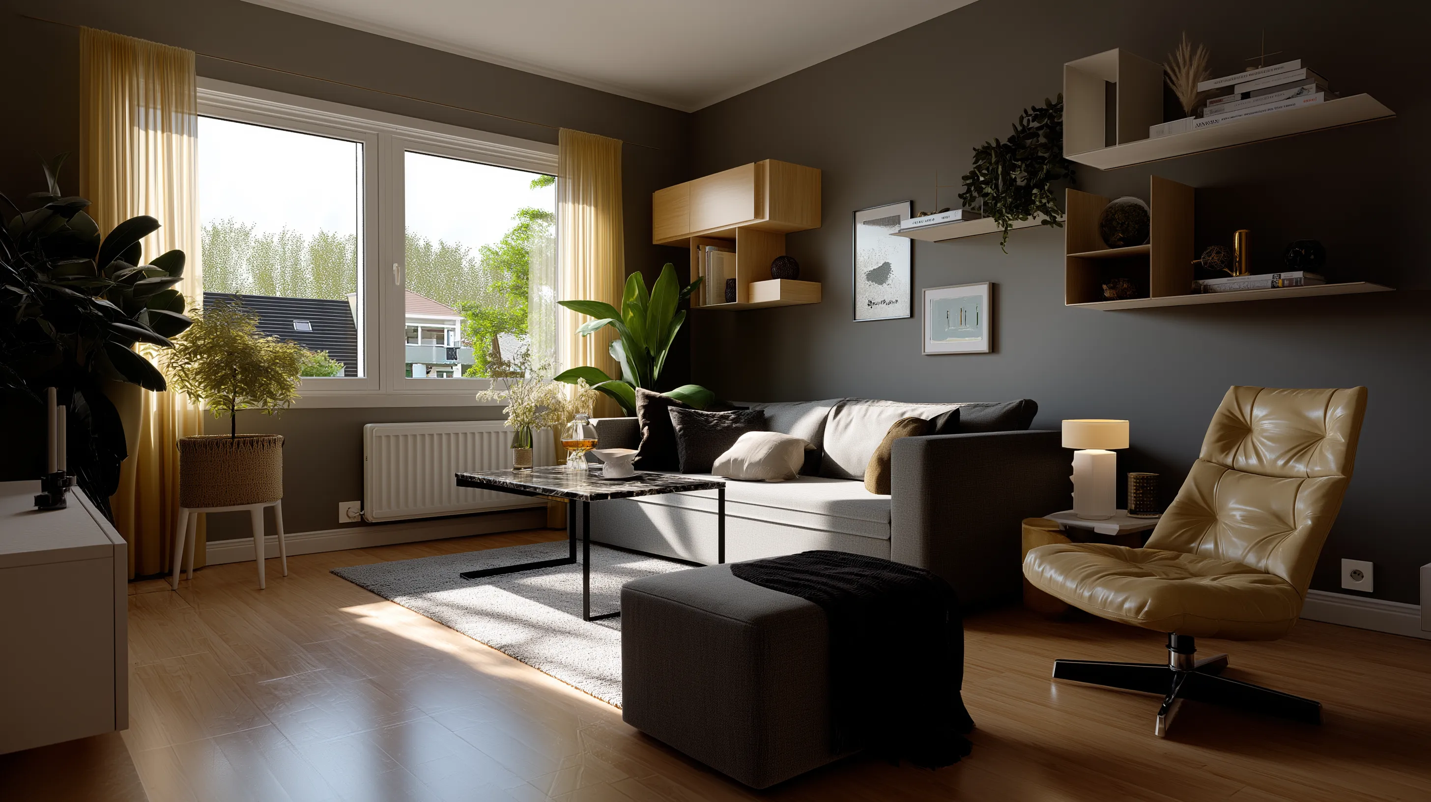 2. Small Living Room – Sofa + Coffee Table + Wall-Mounted TV