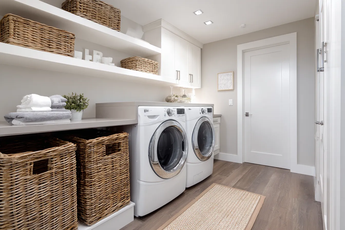 Laundry room with white washing machines wood floor shelves holding wicker baskets and white door