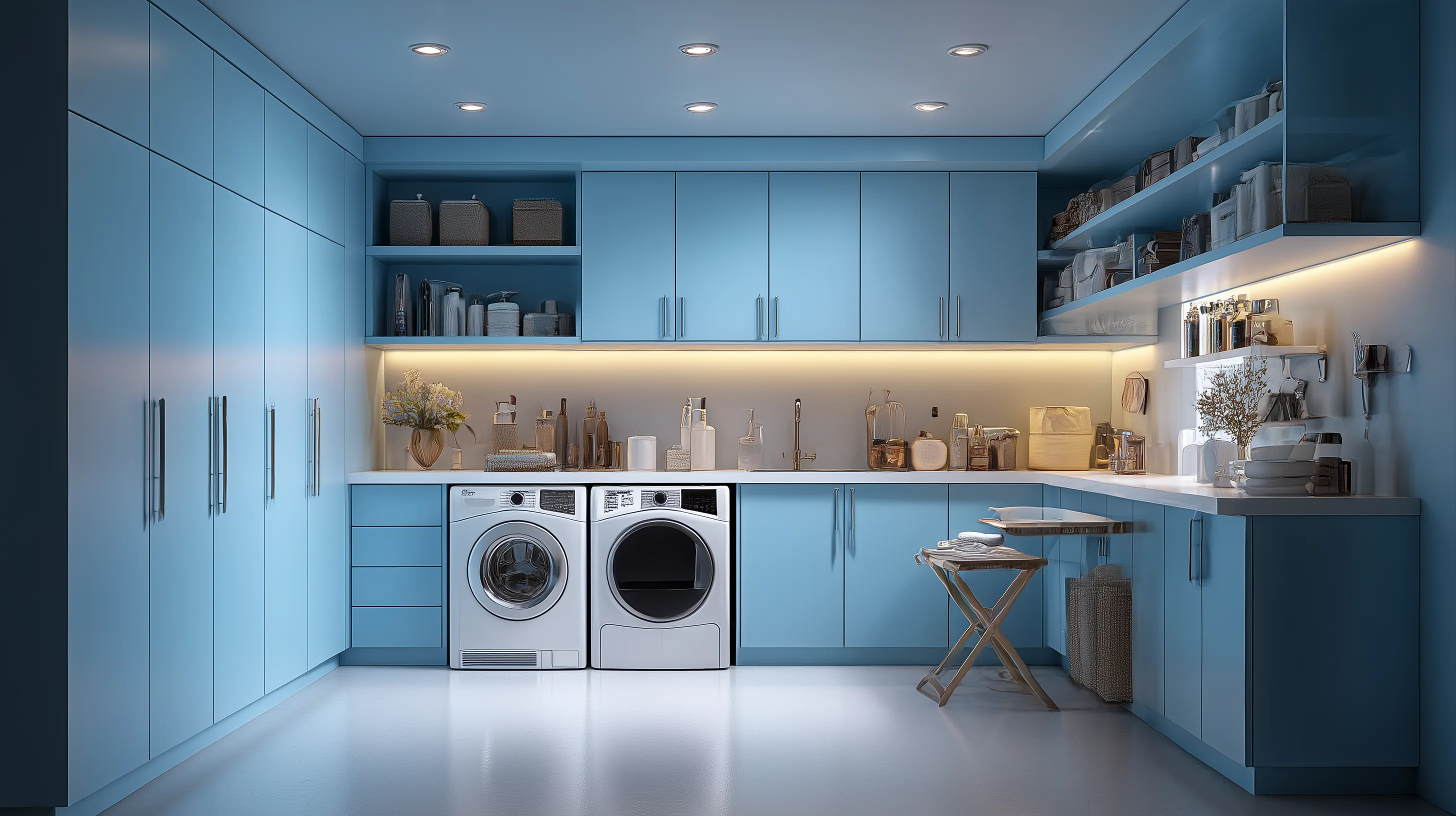 Modern blue laundry room with white washing machines under blue cabinets and three bright lights