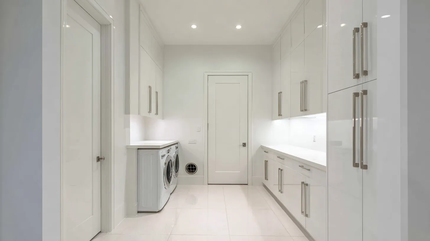 Modern white laundry room with many cabinets washing machine white tiled floor and bright lighting