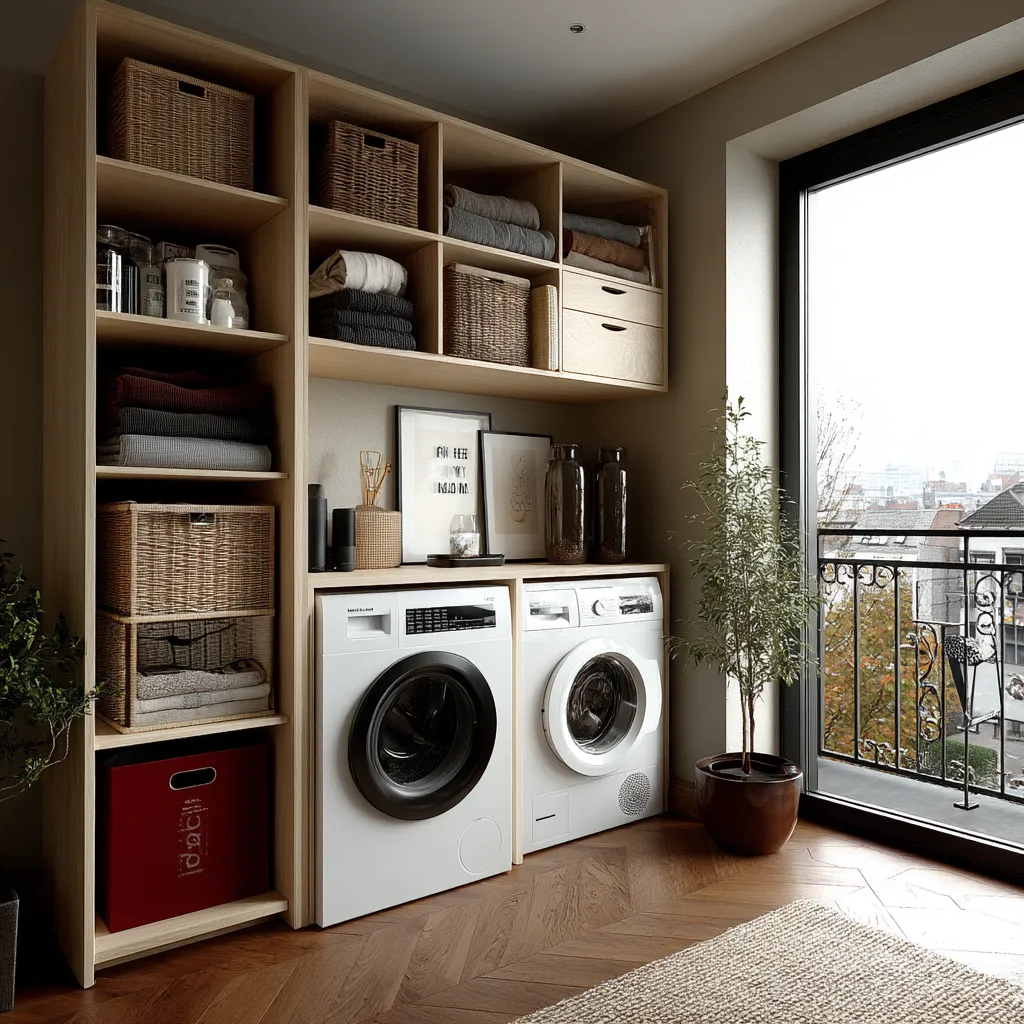 Wooden shelving unit with baskets above white washing machine and dryer near large balcony window