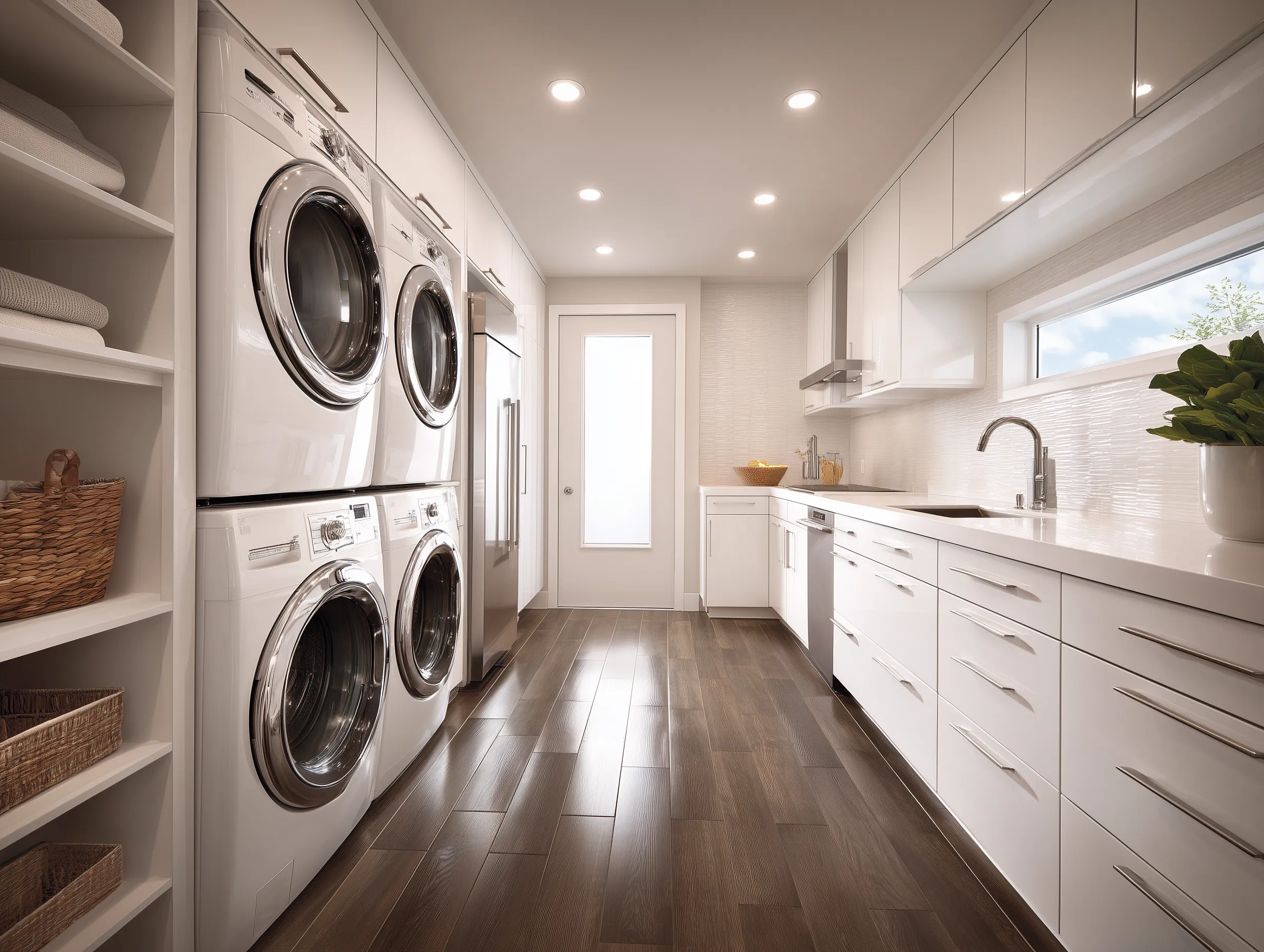 White laundry room with stacked washing machines, white cabinets, dark wood floor, and kitchen sink