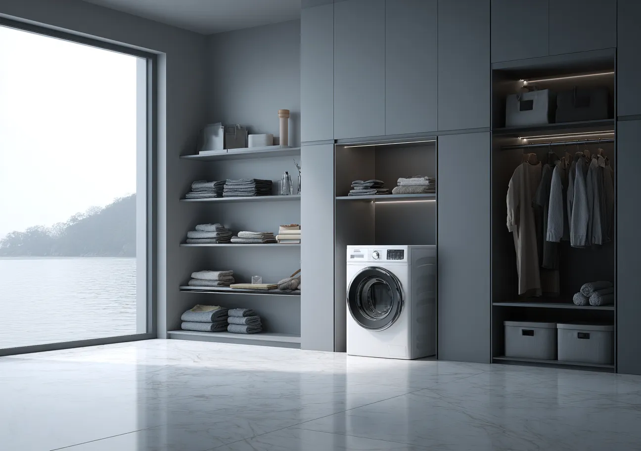 Minimalist grey laundry room with washing machine, storage cabinets, open shelves, and large lake view
