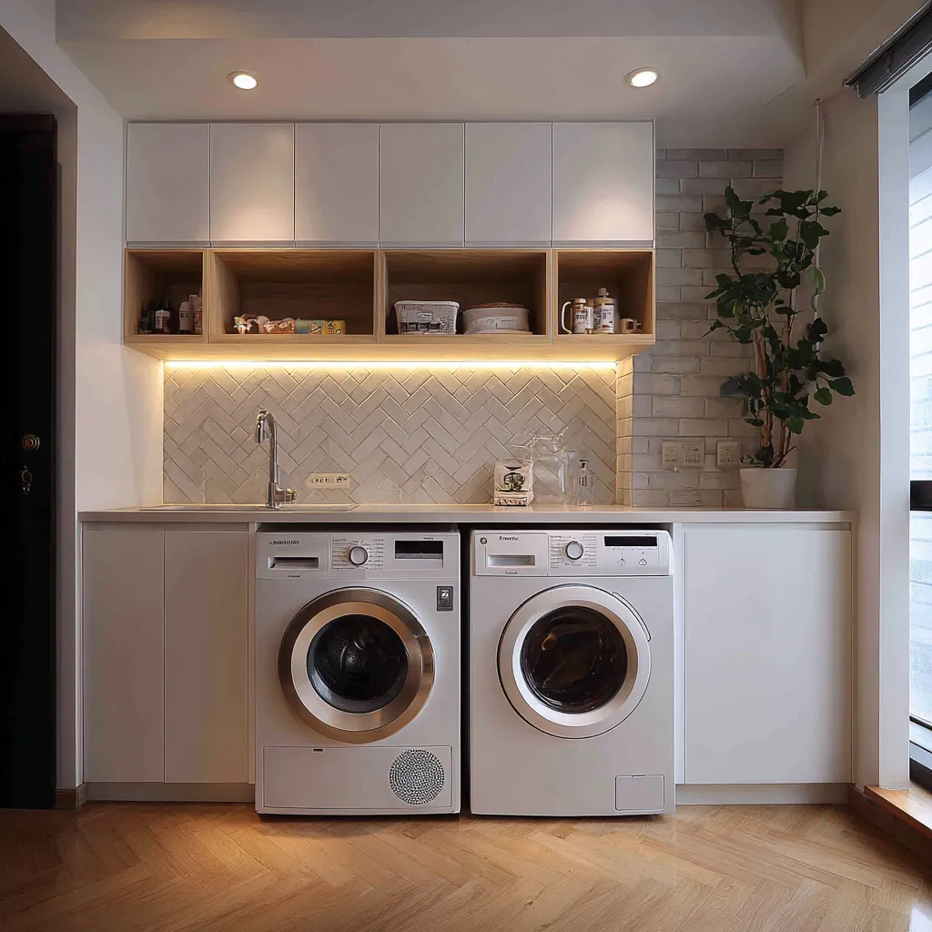 Laundry area with white cabinets plus wooden shelves above washing machines and a green plant