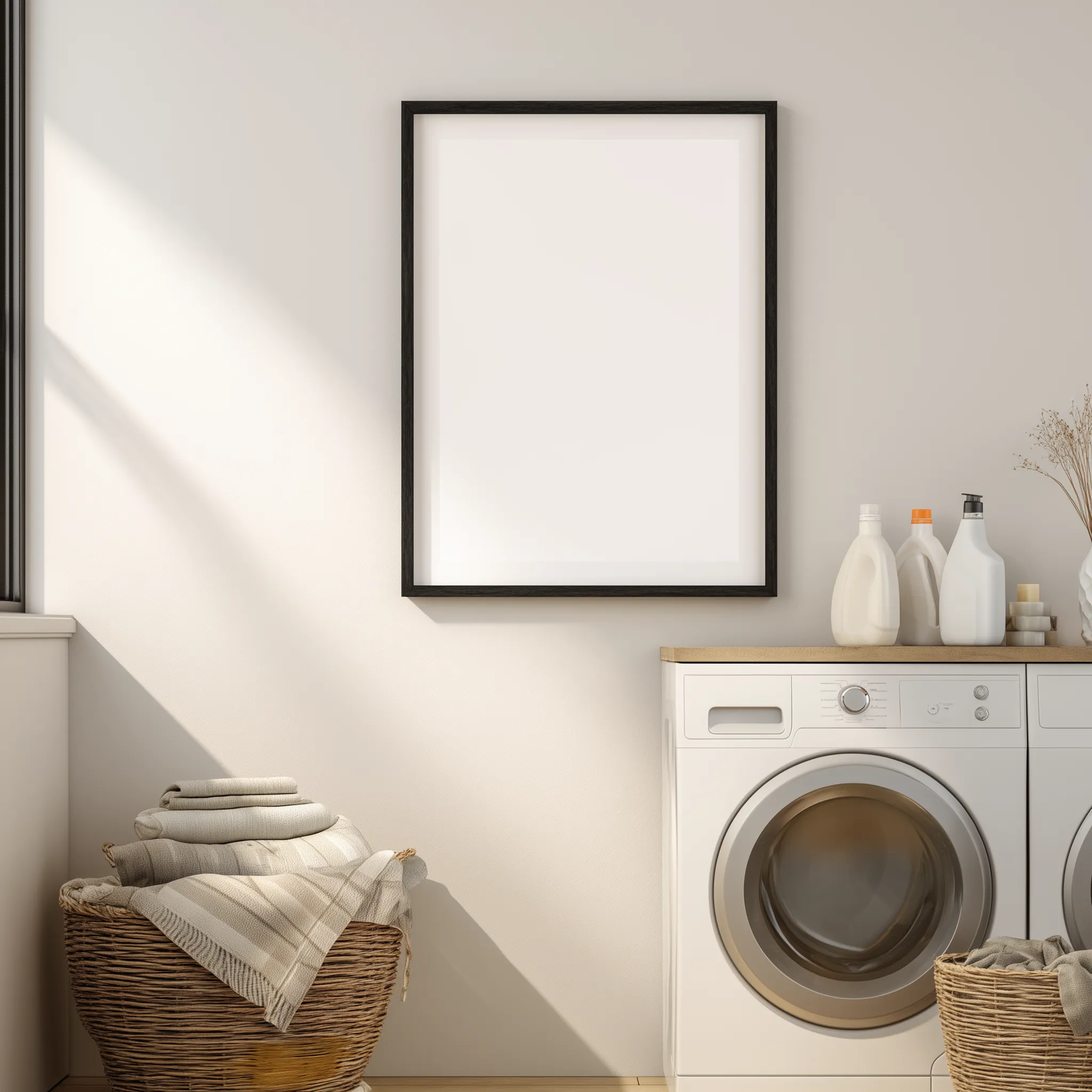 Laundry room corner with white washing machine plus baskets and a blank frame on wall
