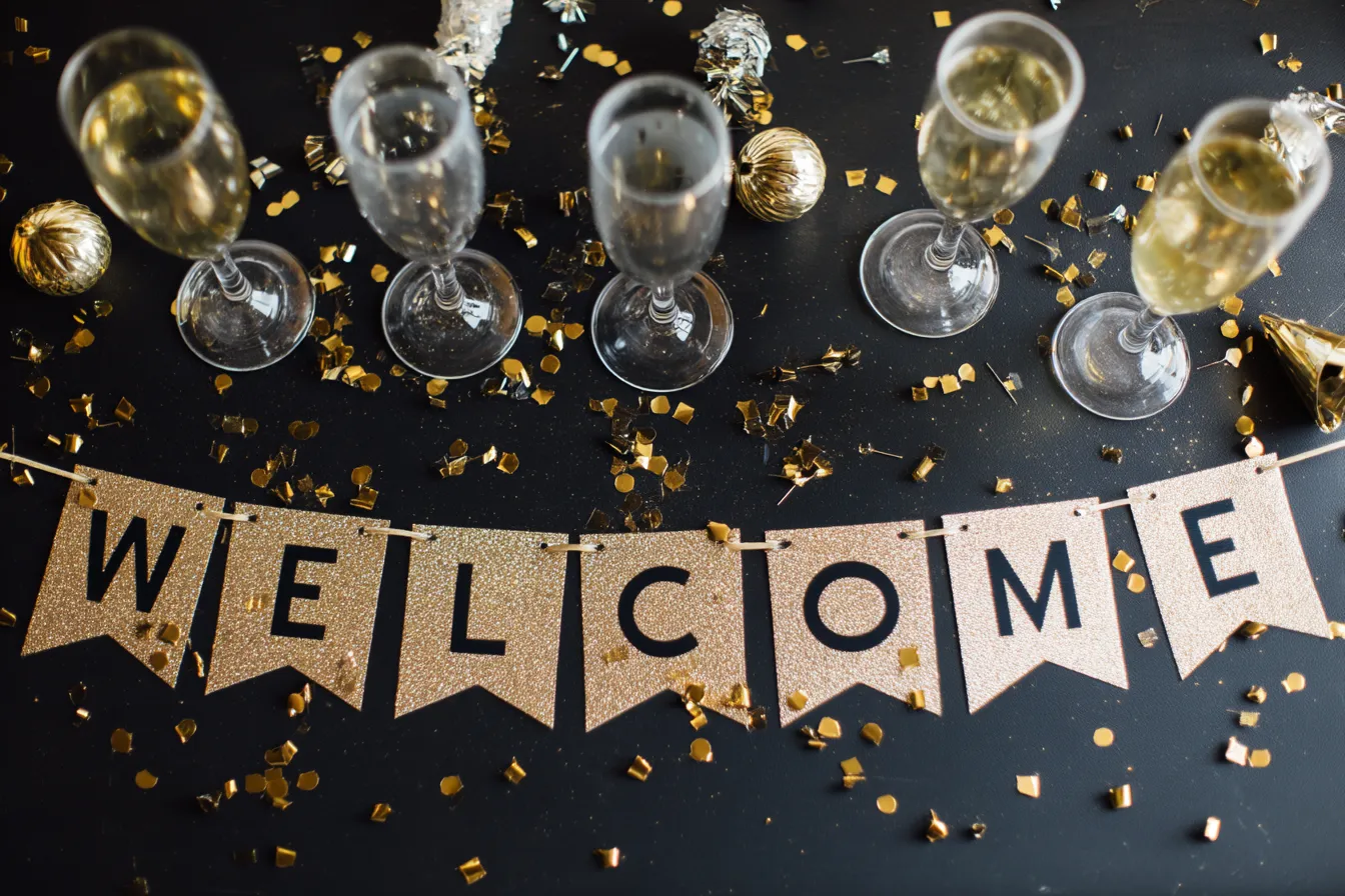 Golden welcome banner on a black table with champagne glasses and scattered gold glitter confetti