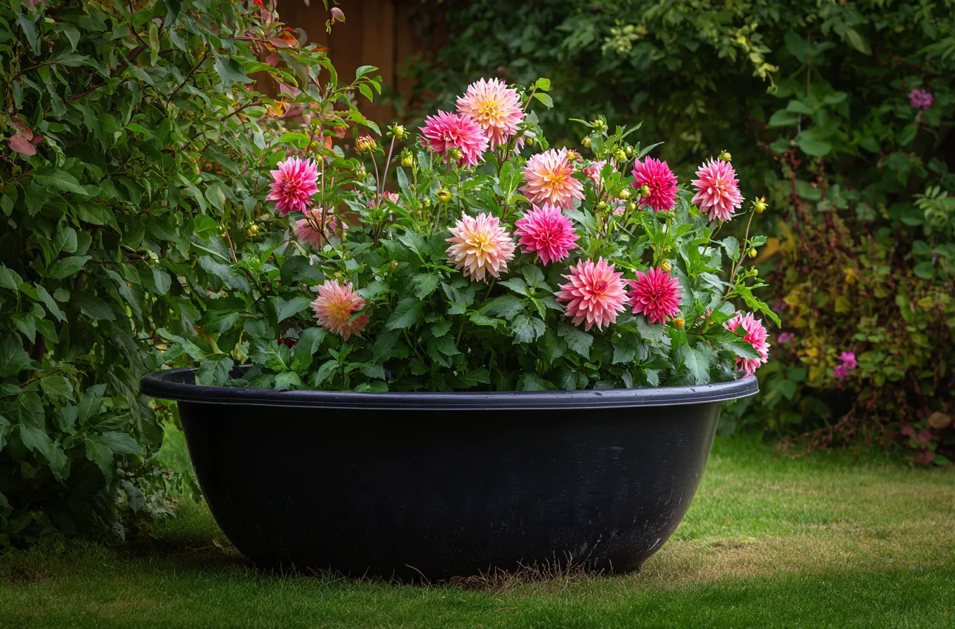 Large black garden pot filled with many pink and white flowers sitting on green grass