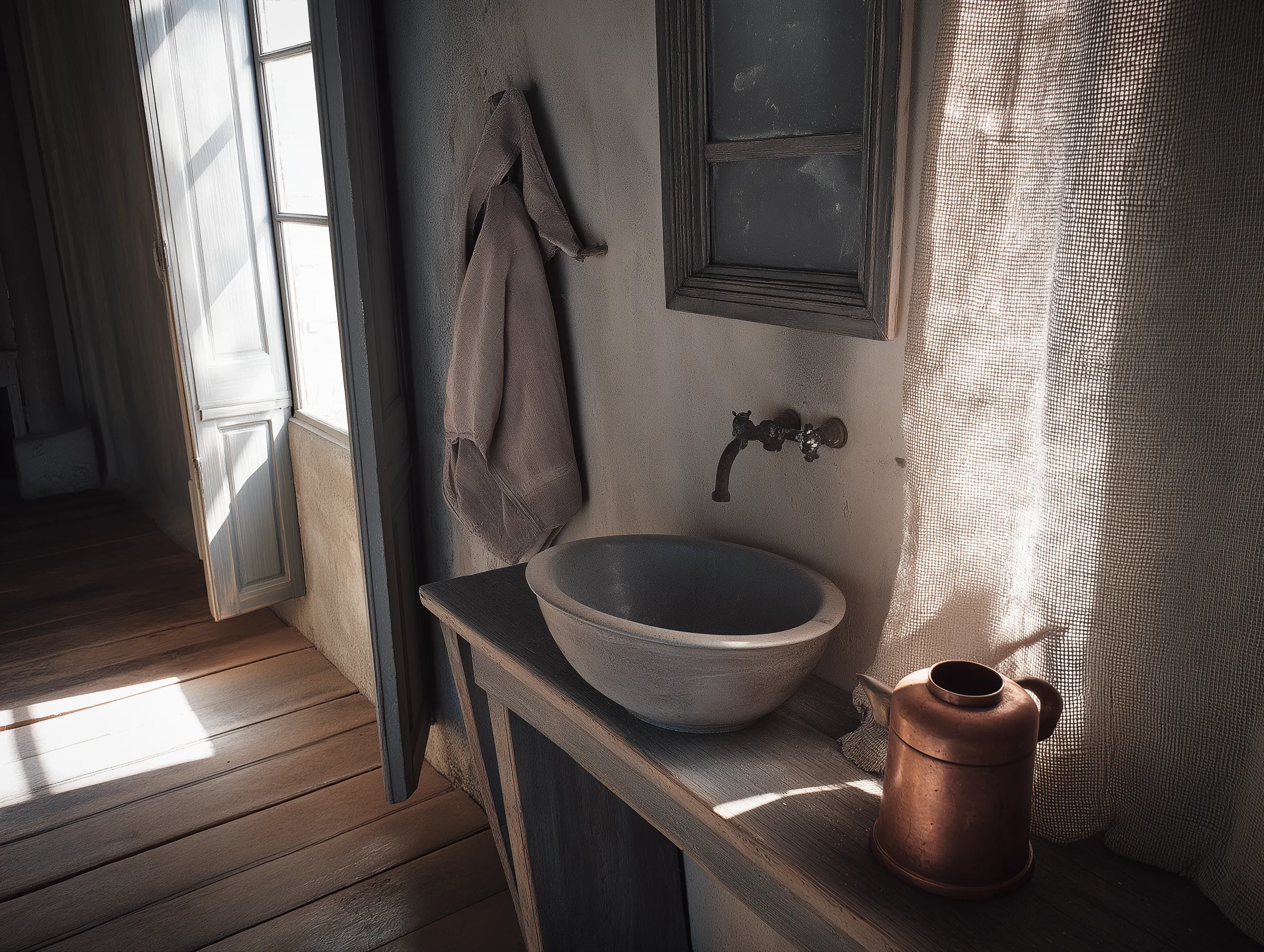 Rustic bathroom with stone sink bowl wall faucet wooden vanity and soft natural window light