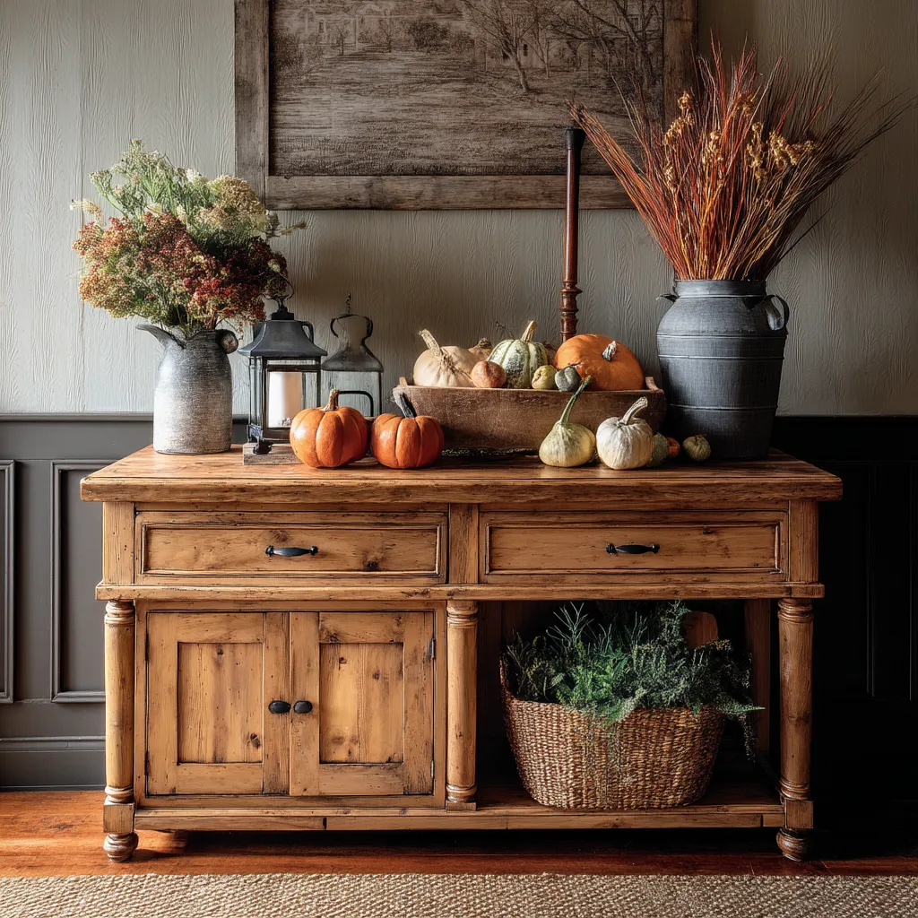 Rustic wooden cabinet featuring orange pumpkins flowers lanterns and a basket filled with green plants