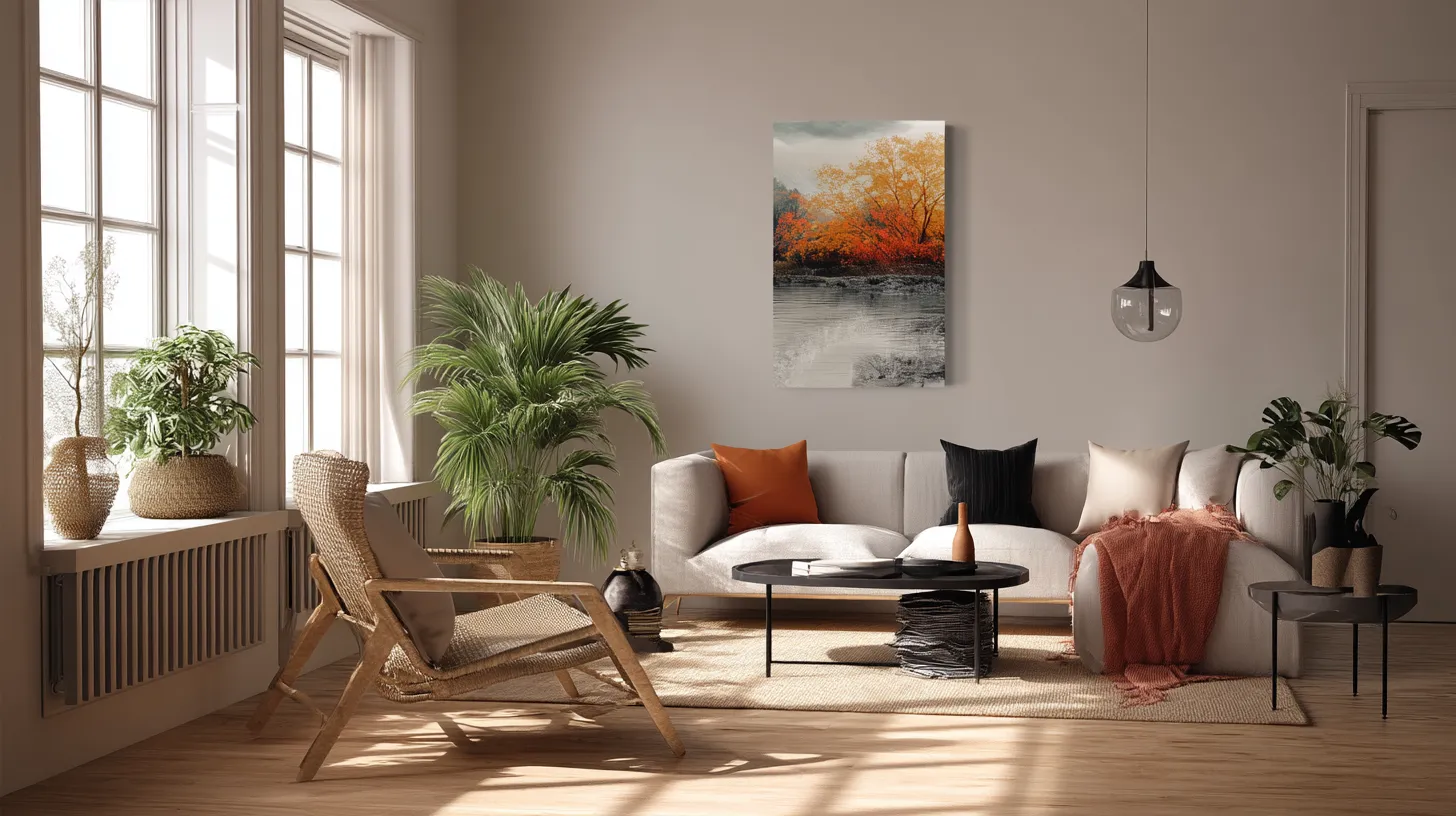 Minimalist living room with beige sofa wooden chair potted plants coffee table and wall art