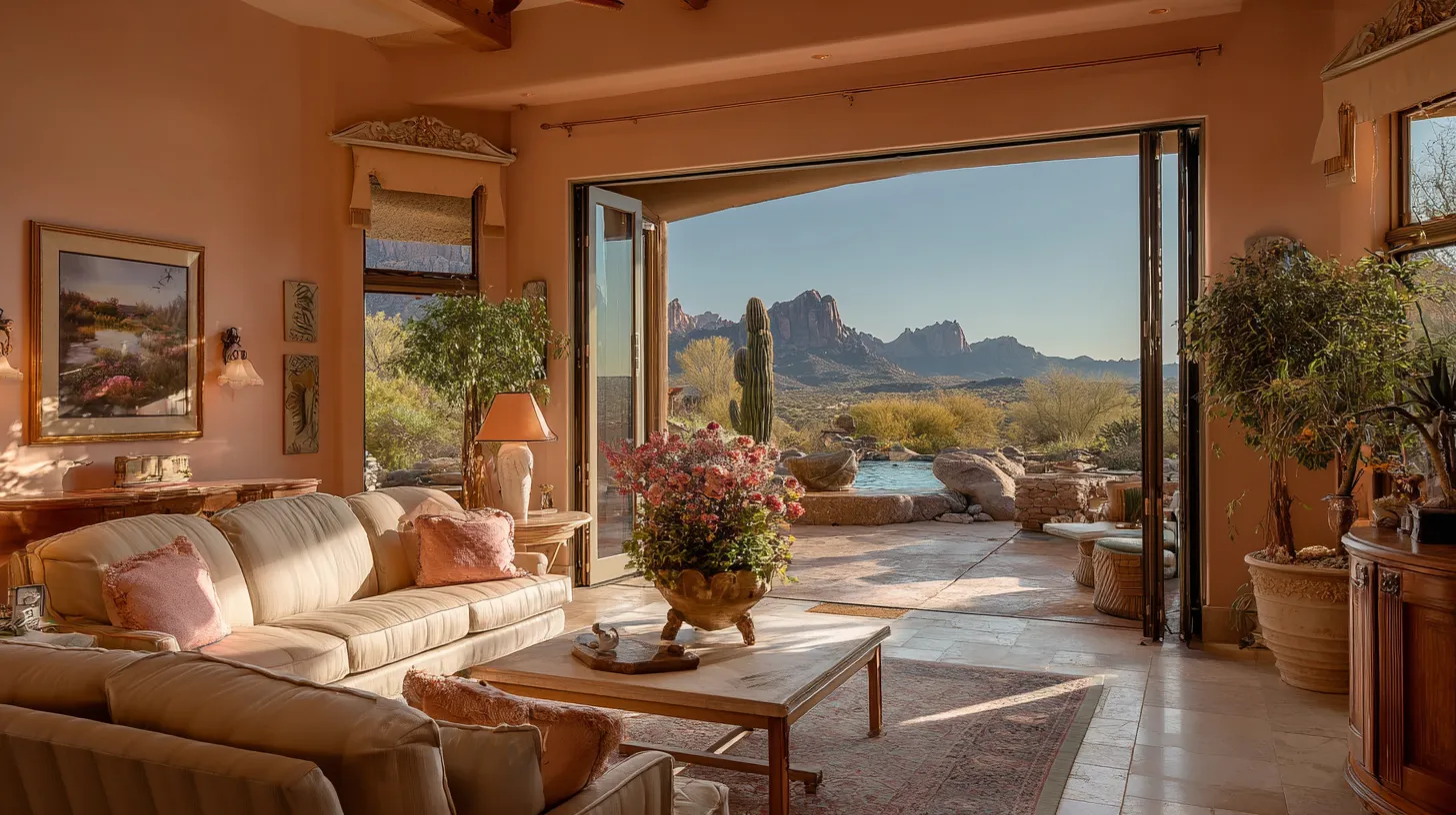 Southwestern living room with beige sofas large open glass doors mountain views and desert landscape