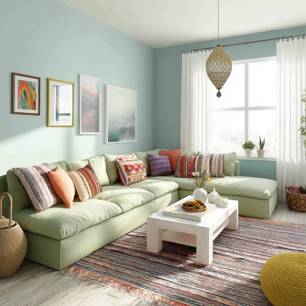 Bright living room with green sofa colorful cushions patterned carpet white coffee table and walls