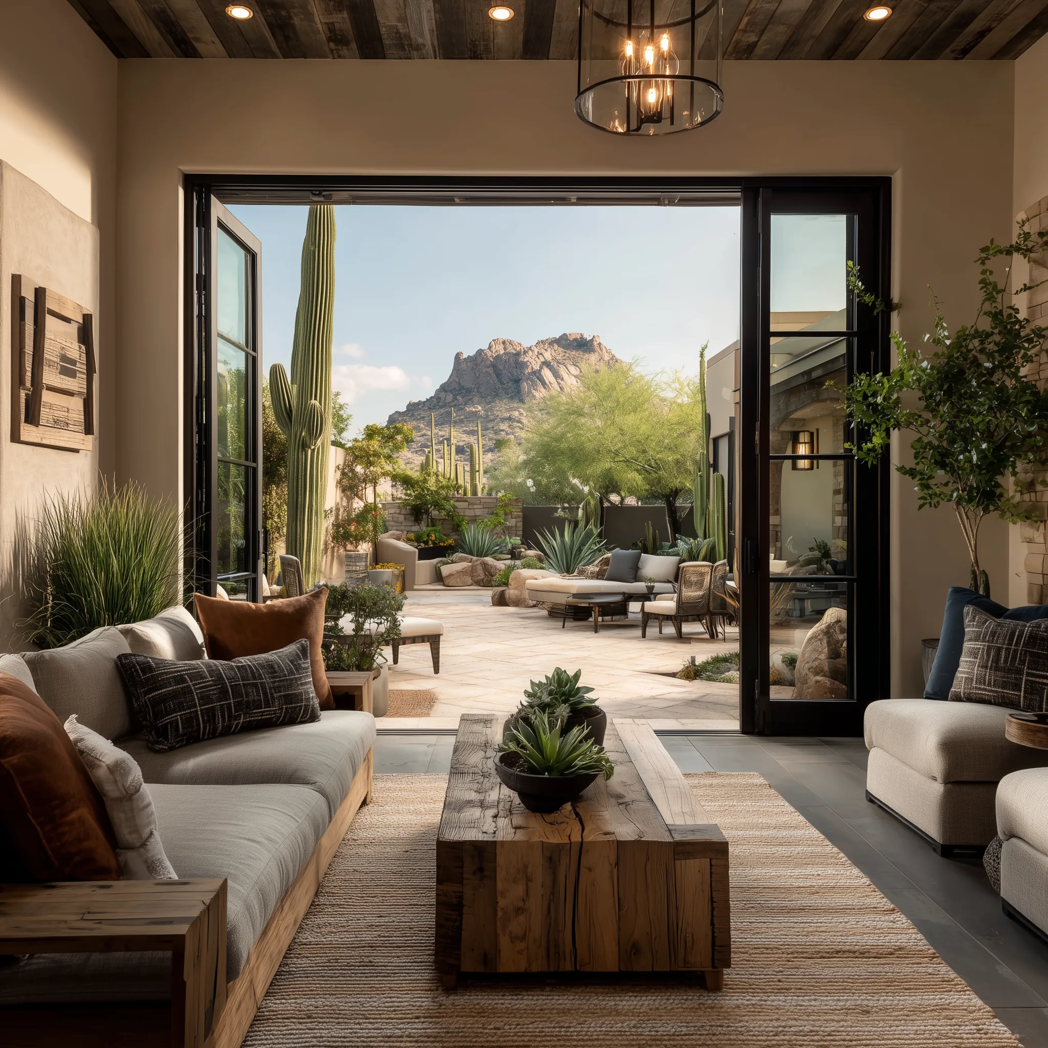 Modern desert living room featuring grey sofa wooden coffee table open doors and mountain view