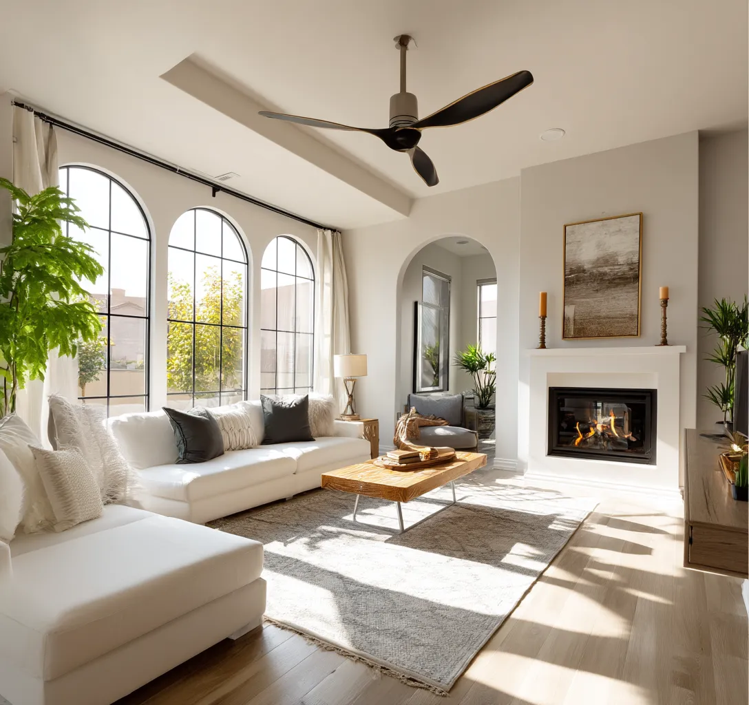 Bright white living room with arched windows comfortable sofa fireplace wooden floor and ceiling fan