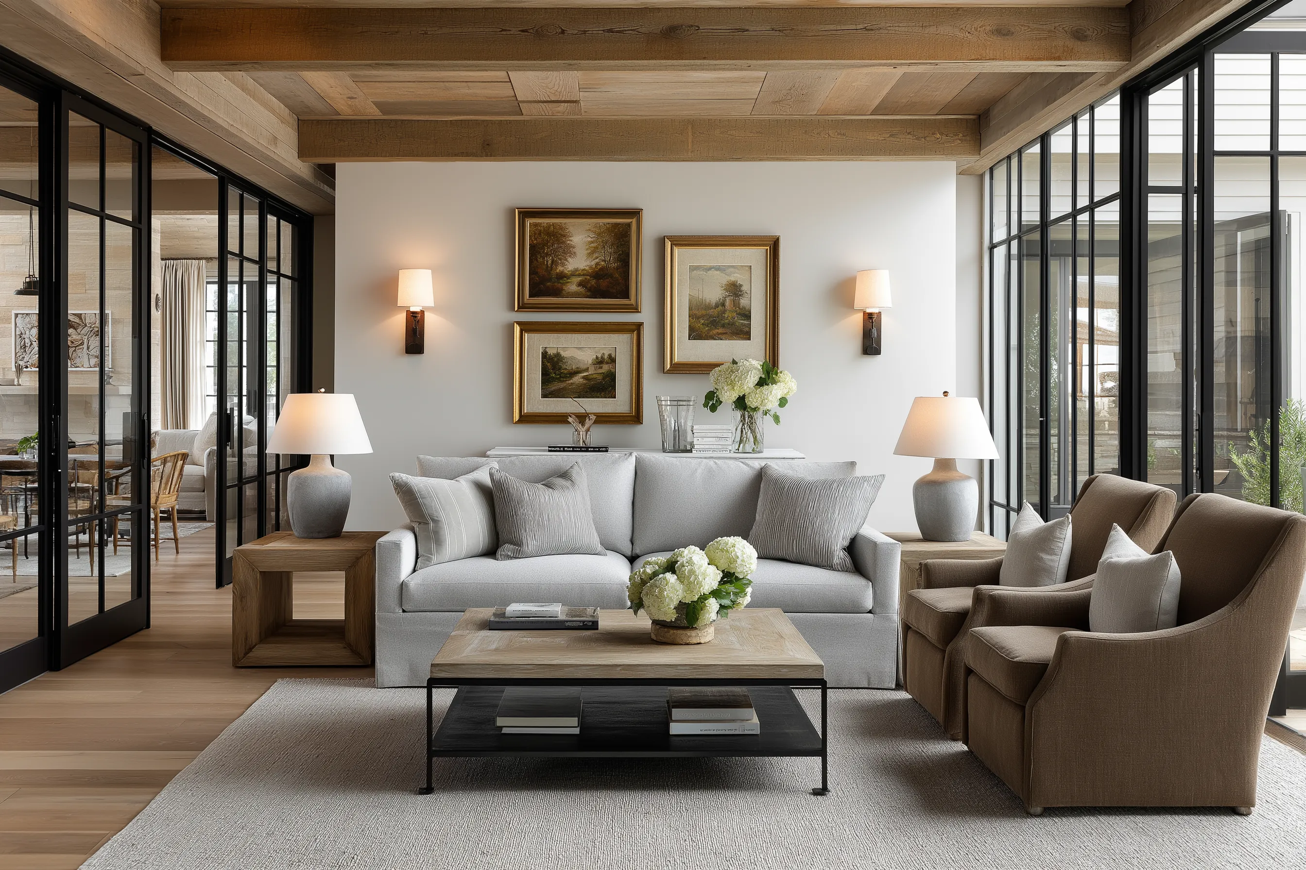 Classic living room with grey sofa brown chairs wall lights table lamps and glass windows