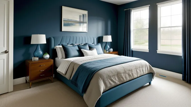 Dark blue bedroom design with upholstered bed wooden nightstand blue table lamps and two large windows