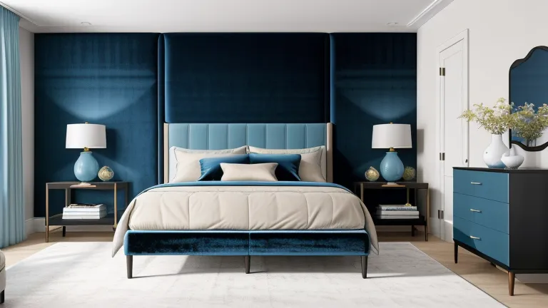 Modern blue bedroom featuring velvet wall panels two bedside table lamps and a stylish blue cabinet