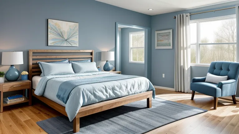 Bright blue bedroom with wooden bed frame blue armchair white curtains and natural light from windows