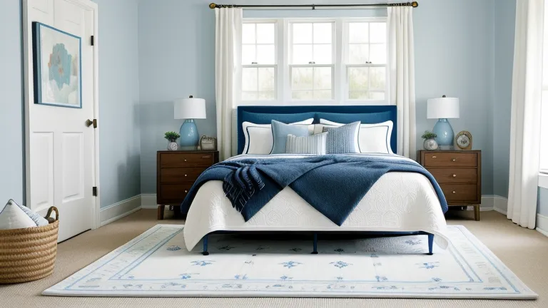 Bright blue bedroom featuring a large rug and white curtains with wood nightstands and lamps