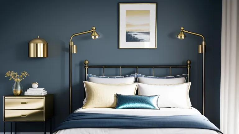 Modern bedroom with blue wall, metal bed frame, gold nightstand, wall lights, and white curtains