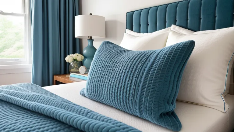 Close up view of a blue textured pillow on a white bed with matching headboard