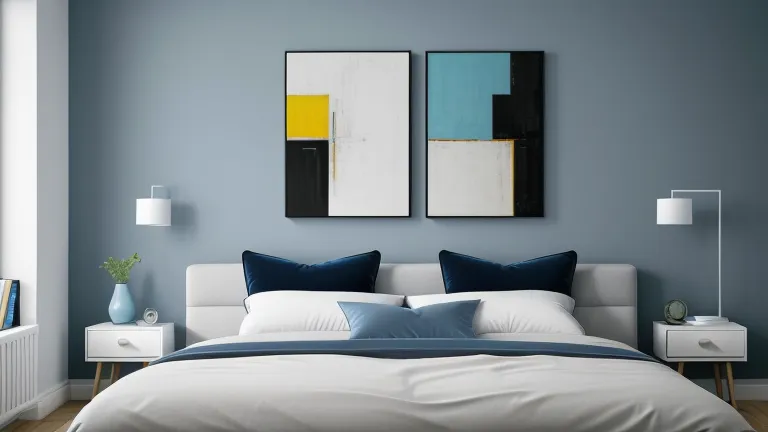 Modern bedroom with blue wall panels and two abstract paintings hanging above a white bed