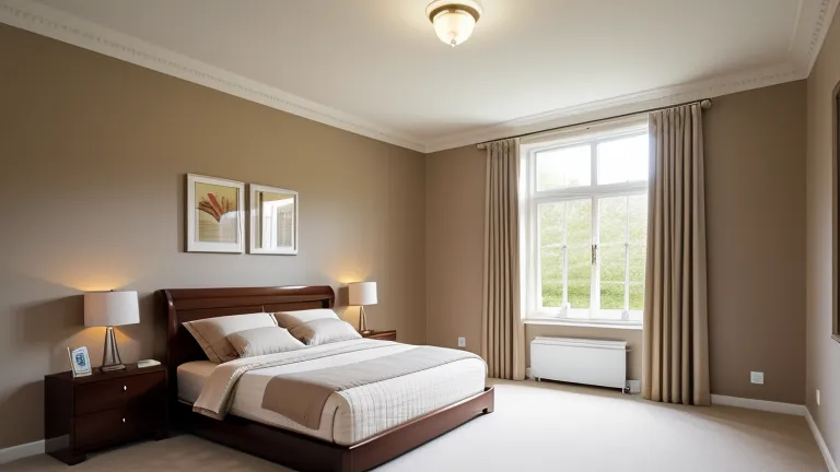 Spacious bedroom with brown walls a large bed beige curtain big windows and ceiling light