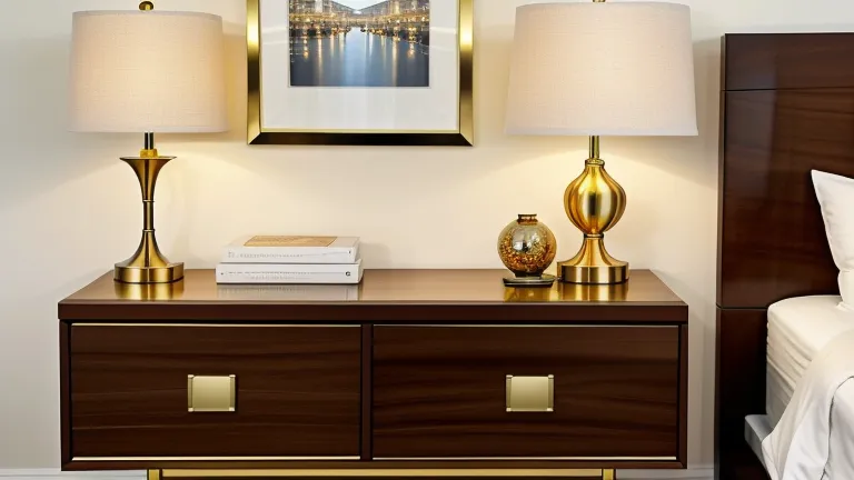 Dark wood bedside cabinet with gold handles featuring two table lamps and a framed picture