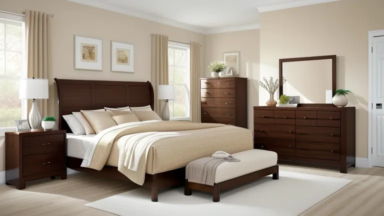 Modern bedroom with dark wood furniture set including a bed cabinet mirror and white walls