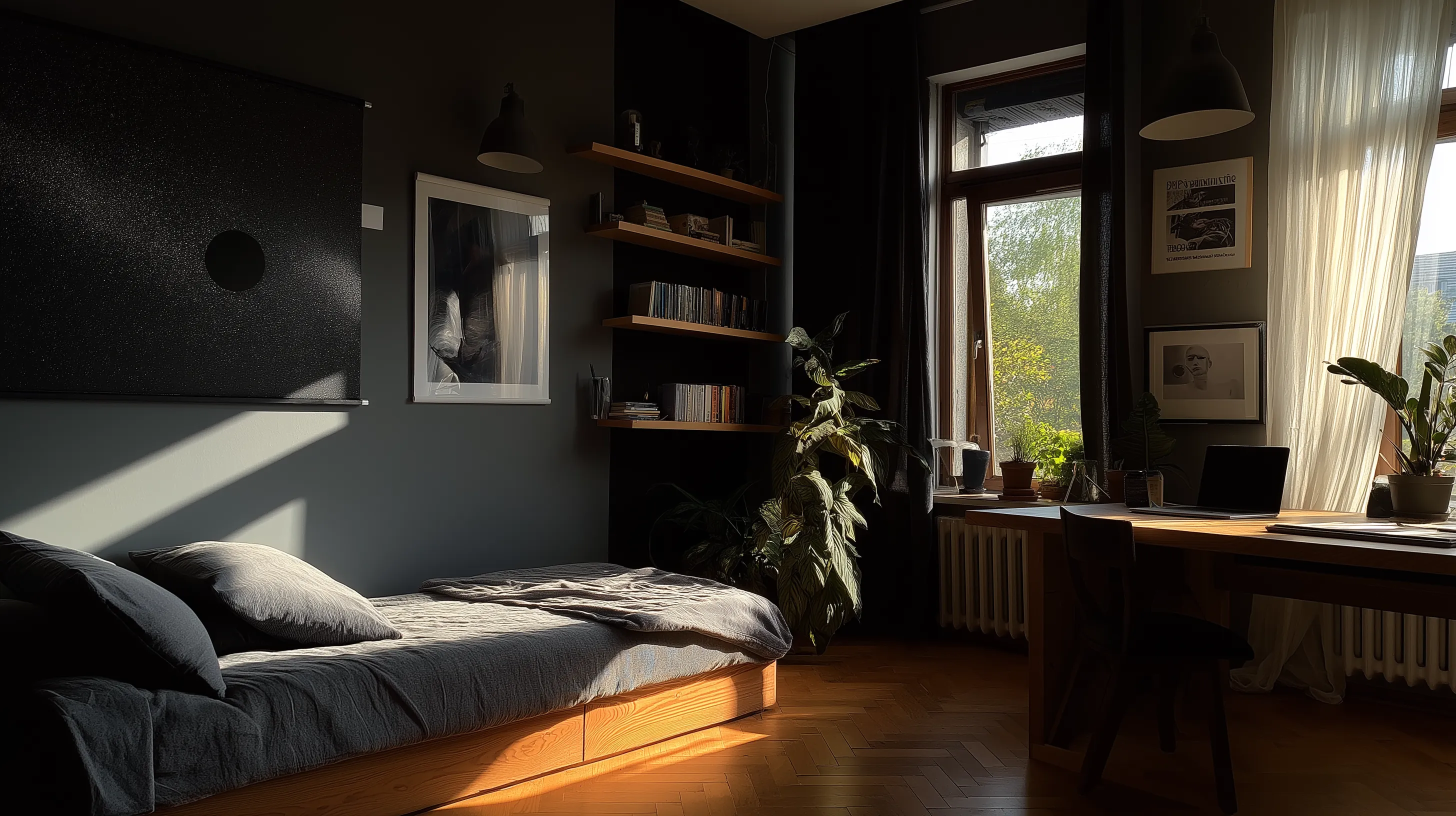 Dark bedroom with wooden bed sunlight through window shelves desk laptop and green leafy plants