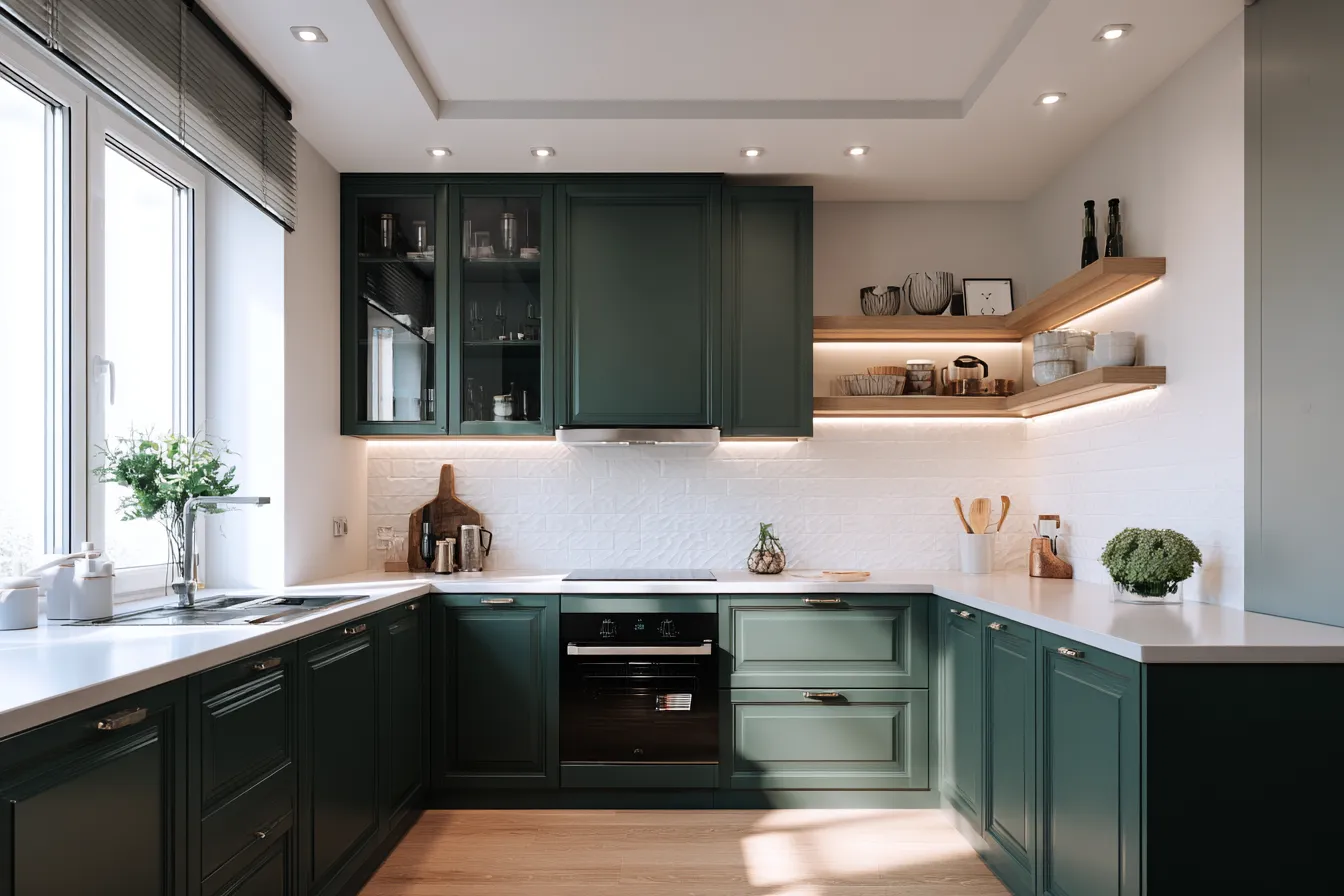 Modern dark green kitchen with white countertop wooden open shelves small oven and light wood floors