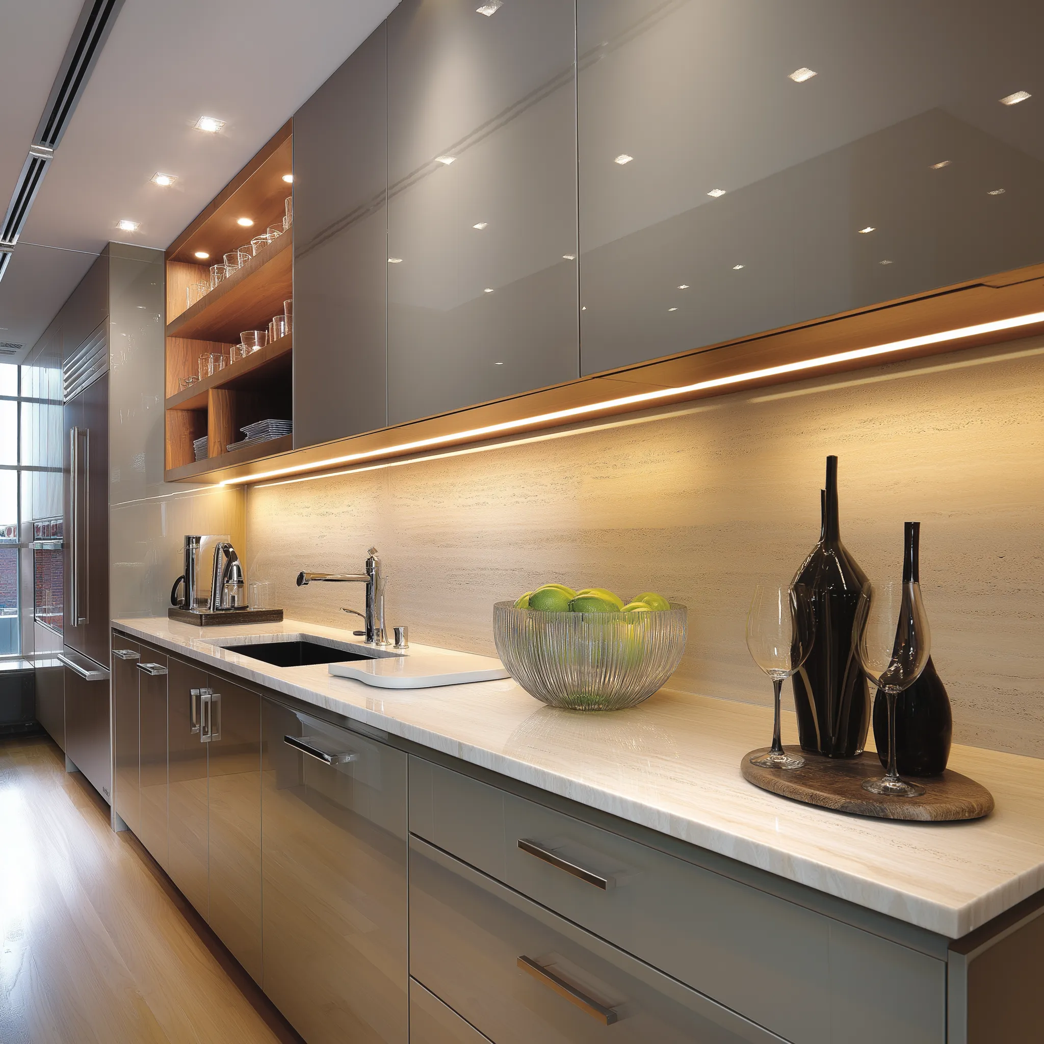 Modern kitchen with grey glossy cabinets light fixture under shelves marble countertop sink and bowl