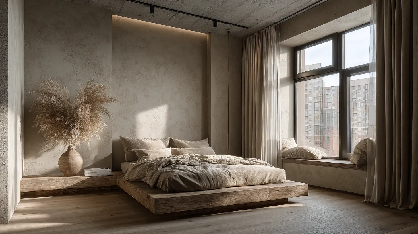 Minimalist bedroom interior design with wooden platform bed concrete walls large windows and natural light