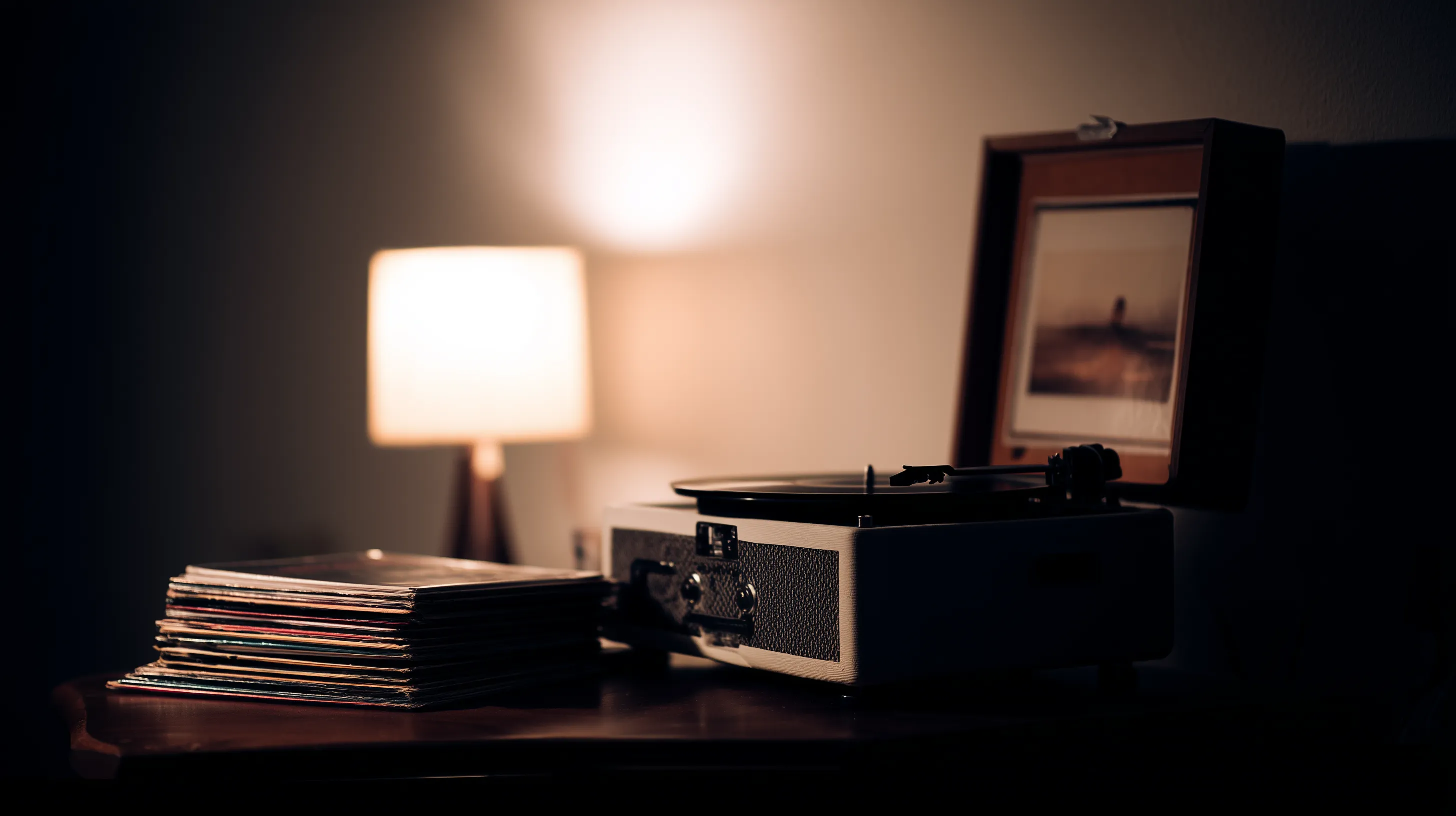 Vintage record player on wooden table with stack of vinyl records and glowing table lamp