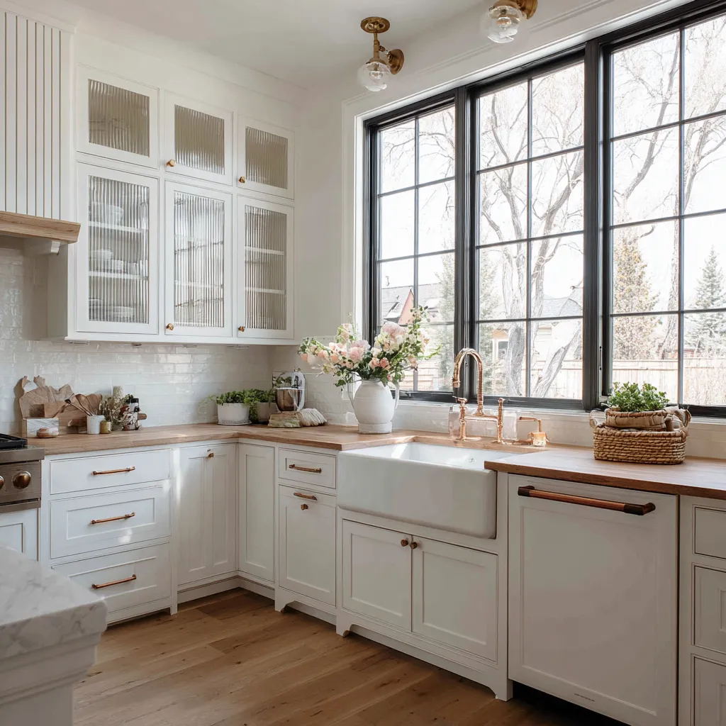 Bright white kitchen with wooden countertop white sink glass cabinets black windows and light wood floors